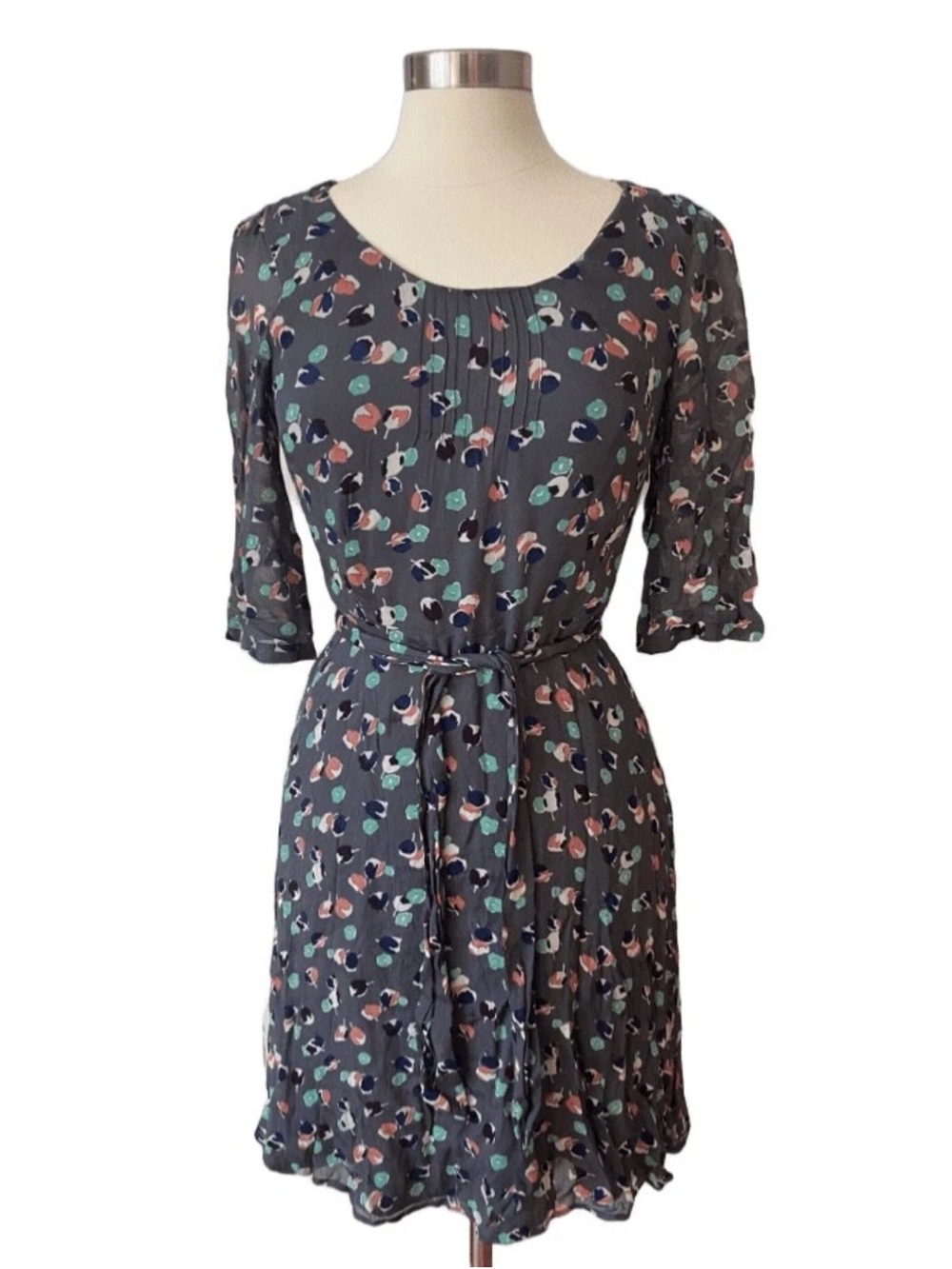 Boden Floral Print Tie Waist Dress UK 20L US 16/18 Gray Multicolor
